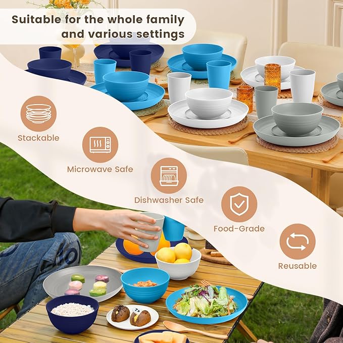 Homienly 32 PCS Plates and Bowls Sets, Unbreakable Wheat Straw Dinnerware Set, Microwave and Dishwasher Safe Dinnerware Sets, LIghtweight Dish Set for KItchen, Camping, Party - Island Series