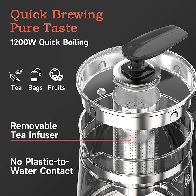 Glass Electric Kettle With Tea Infuser and Temperature Control - 1.5L Stainless Steel Tea Maker, 1200W Rapid Boiling, Programmable Control for Teas and Coffee - Black