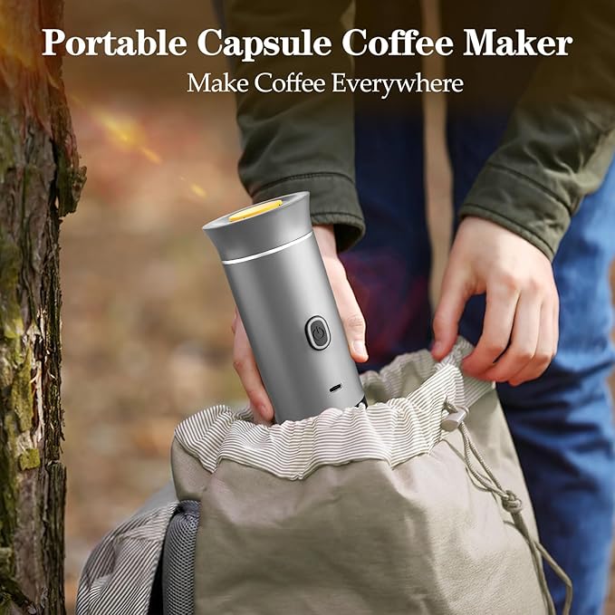 3-in-1 Portable Espresso Maker, Travel Coffee Maker, Self-Heating Car Coffee Maker with USB-C, Small Espresso Machine with Ground Coffee & Capsules (NS&DG) for RV, Hiking, Office (silver)