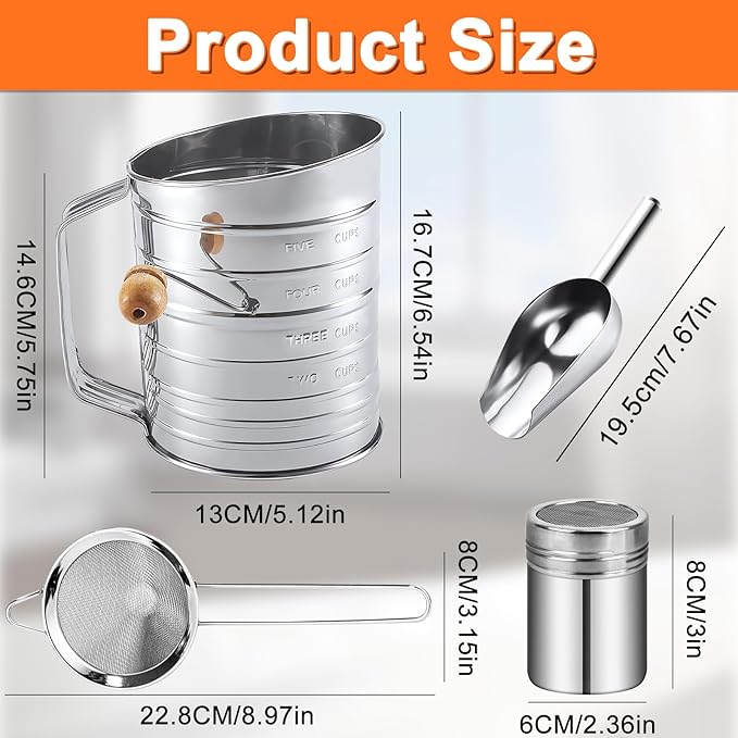 Flour Sifter,5 Cup with Scale Stainless Steel Flour Sifters,4 in 1 Baking Sifter Set with Powder Sugar Shaker Duster,Strainers Fine Mesh and Metal Scoop for Baking Cake,Pastries,Pies,Cupcakes,Desserts
