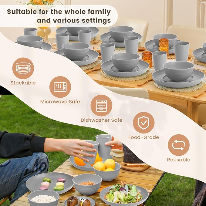 Homienly 32-Piece Kitchen Wheat Straw Dinnerware Set, Service for 8, Dinner Plates, Small Dessert Plate, Cereal Bowls, Cups, Unbreakable Outdoor Camping Dishes, Microwave and Dishwasher Safe-Grey