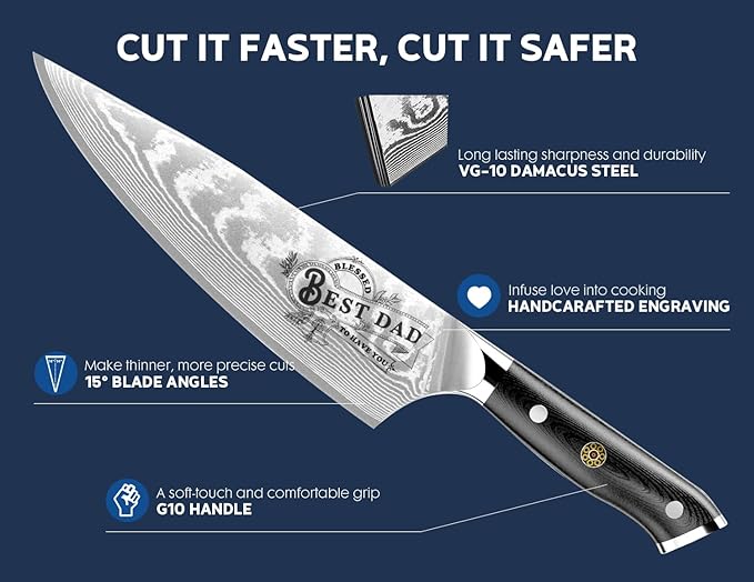 Men Gifts: Damacus Chef Knife - Gifts for Dad, Birthday Gift from Daughter Son Kids, Full Tang G10 Handle, Christmas, Thanksgiving Best Dad Ever Father Gifts