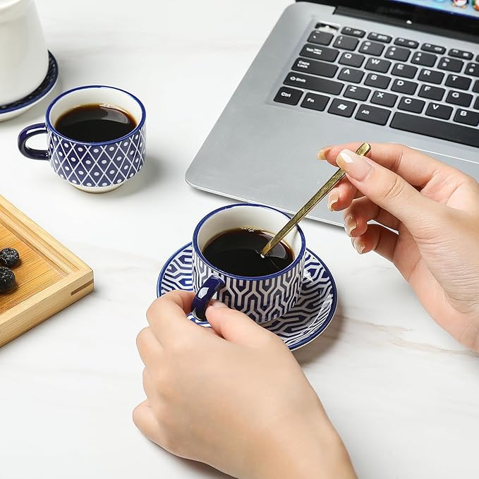 Selamica Ceramic Espresso Cups with Saucers and Metal Stand, 4 OZ Stackable Cappuccino Cups, Demitasse Cups for Latte Coffee Café Mocha Tea, Set of 4, Vintage Blue