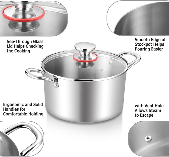 TeamFar 6 Quart Stock Pot, Stainless Steel Tri-Ply Cooking Pasta Pot with Tempered Glass Lid for Induction/Electric/Gas/Ceramic, Healthy & Sturdy, Double Riveted Handles & Dishwasher Safe