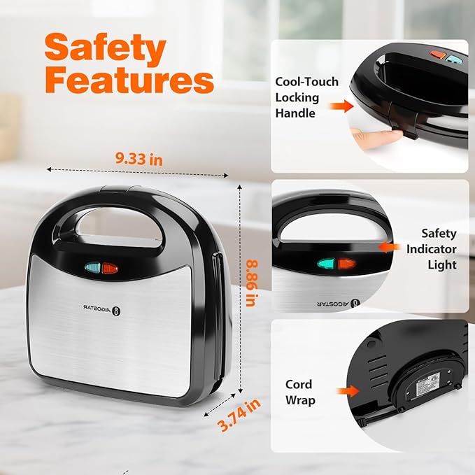 Aigostar Sandwich Maker Panini Press Grill, 3 in 1 Waffle Maker with Removable Non-stick Plates, Electric Grilled Cheese Maker, Portable Cool Touch Handle, Led Indicator Lights & Easy to Clean, 750W