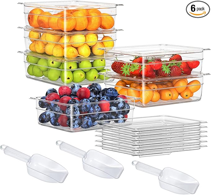 6 Pack Plastic Food Pan with Lid 1/2 Size 4 Inch Deep Restaurant Clear Food Storage Containers Polycarbonate Commercial Hotel Pans for Fruits Vegetables Beans Corns (6 PCS, 4'' Deep)