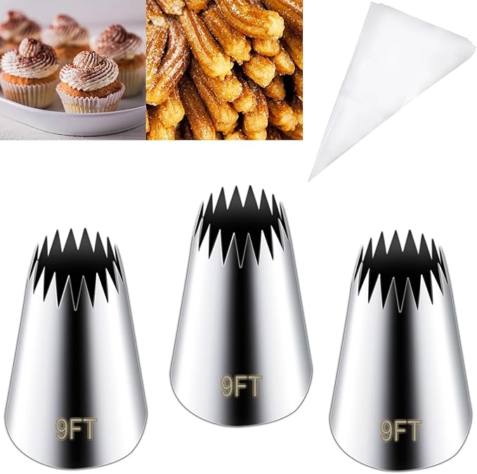 Hendiy 3 Pieces Churro Piping Tip, Stainless Steel 9FT Large Piping Tips Churro Maker Icing Tips, Pastry Tips for Cake Decorating with 20Pcs Disposable Piping Bags