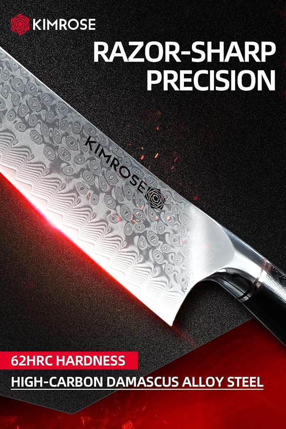 KIMROSE Damascus Chef Knife - 8 inch - High-Carbon Alloy Steel - G10 Handle - Magnetic Sheath - Razor Sharp Kitchen Knife - 10Cr15CoMoV Cutting Core - Gift Box