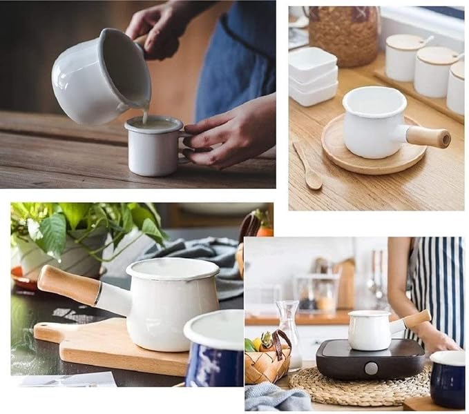 Enamel Milk Pot, Small Saucepan Milk Pot Butter Warmer 4 Inch 17 Oz Enamel Small Sauce Pan with Wooden Handle, Perfect Size for Heating Smaller Liquid Portions. (White)