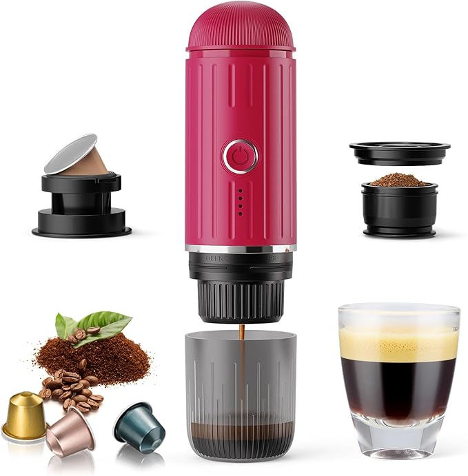 Portable Electric Espresso Machine, Travel Coffee Maker for Camping, Car Self-Heating Coffee Machine with USB-C, Compatible With NS Capsules & Ground Coffee, Portable Coffee Maker for Hiking,RV,Office