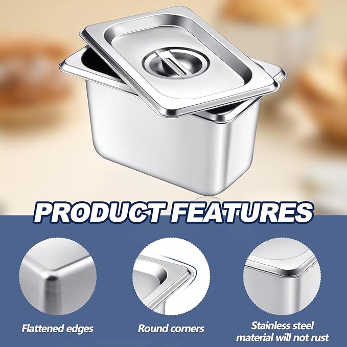 Mifoci 6 Pack Stainless Steam Hotel Pan with Lid, 1/9 Size x 4 Inch Deep Steam Table Pan Restaurant Supplies Reusable Anti Rust Catering Storage for Home, Party, Restaurant, Hotel, Buffet