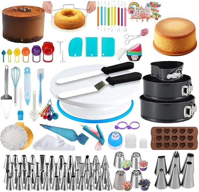 390PCS Cake Decorating Supplies Kit – 3 Packs Springform Cake Pans Cake Rotating Turntable, Baking Tools Set with 48 Numbered Piping Icing Tips 4 Russian Nozzles 9 Fondant Tools for Beginners