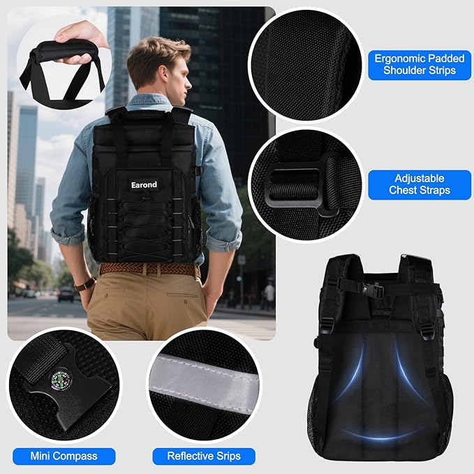 25L Insulated Cooler Backpack with Waterproof Zipper & Multi-Compartment Design Leakproof Lunch Bag for Beach, Camping, Office - Spacious Thermal Light-Weight Backpack for Men and Women-Black