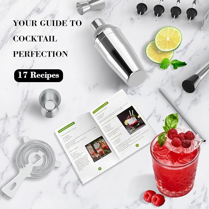 Cocktail Shaker Set with Stand, 22-Piece Bartender Kit with 17 Recipe, Stainless Steel Bar Accessories for Drink Mixing, Bar, Home, Lounge, Party, Newbie Friendly, Gift Set