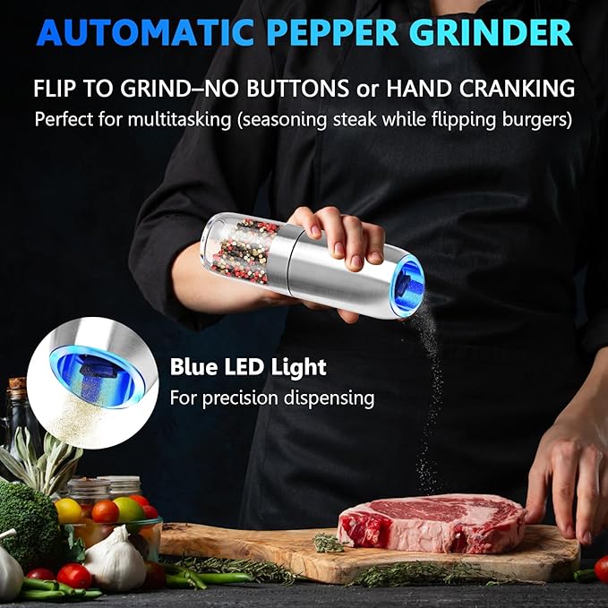 BoAn Gravity Electric Salt and Pepper Grinder Set, Stainless Steel Electric Pepper Grinder, Refillable Spice Mill,Large Chamber,Ceramic Rotor,Adjustable Coarseness, LED for Kitchen & Gourmet Cooking