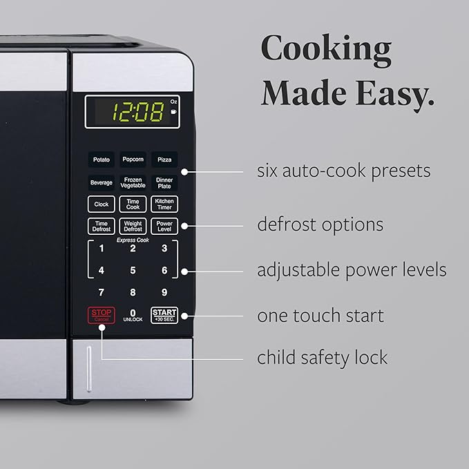 Farberware 0.7 Cu. Ft, Compact Microwave Oven, 700-Watt, with Auto Cook Menus, Child Lock, Stainless