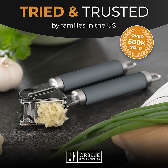 ORBLUE Garlic Press Stainless Steel - Premium Professional Grade Garlic Mincer, Crusher & Peeler Set - Easy Clean, Dishwasher Safe & Rust-proof, Gray