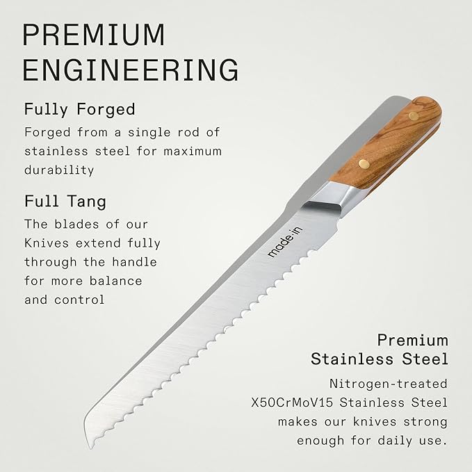 Made In Cookware - 9" Inch Bread Knife - Crafted in France - Full Tang With Olive Wood Handle