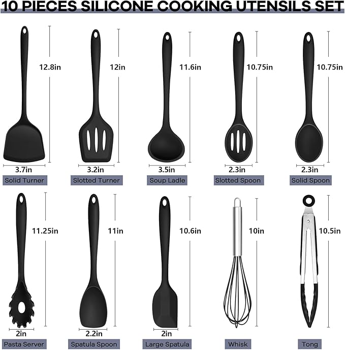 TeamFar Silicone Cooking Utensils, 10 pcs Kitchen Cooking Utensils Set, 446°F Heat Resistant Kitchen Gadgets Tools Set w/Spatula, Turners, Spoons, Soup Ladle, Pasta Server for Nonstick Cookware, Black