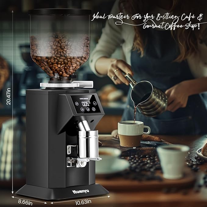 Huanyu Professional Coffee Grinder with 74mm Flat Burr 53ounce Bean Hopper 15 Infinite Grinding Settings Electric Coffee Grinder with Touching Screen Black