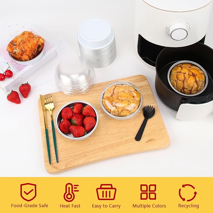 LNYZQUS 4” Small Cake Tins with Lids 50 Pack, Foil Mini Cake Pans,8oz Disposable Ramekins Creme Brulee Baking Cups Individual Mini Pie Contaniers Holders for Wedding Party-White