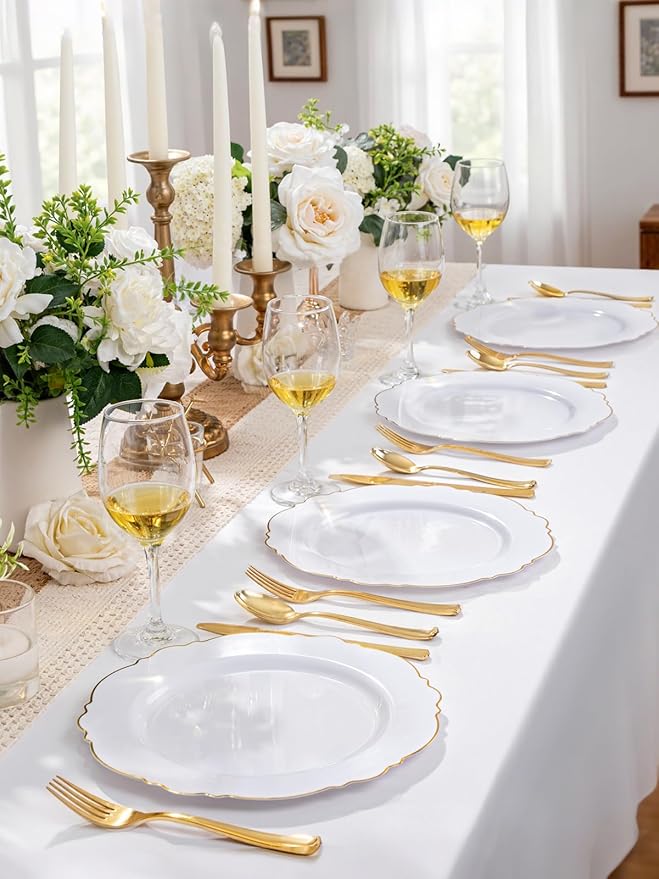 WDF 60pcs Gold Plastic Dinner Plates -10.25inch Baroque White and Gold Wedding Plates Fancy Heavy Duty Fall Plastic Plates for Upscale Thanksgiving Parties & Wedding & Birthday