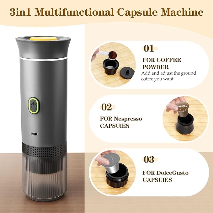 3-in-1 Portable Espresso Maker, Travel Coffee Maker, Self-Heating Car Coffee Maker with USB-C, Small Espresso Machine with Ground Coffee & Capsules (NS&DG) for RV, Hiking, Office (grey)