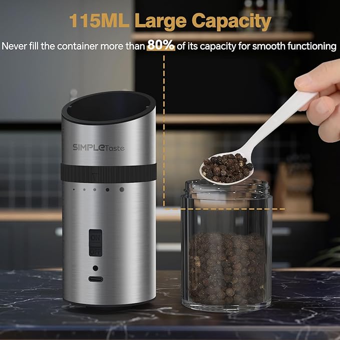 SIMPLETASTE Gravity Electric Pepper Mill and Salt Grinder Set Rechargeable with LED Light, Stainless Steel Body, Adjustable Coarseness for Pepper and Salt, gift to Men/Women