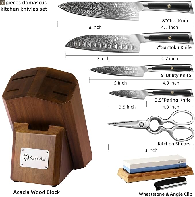 Sunnecko Damascus Kitchen Knife Set - Sharp Kitchen Knife Set of 7pcs with Japanese Damascus Steel VG10 - Professional Kitchen Knife Block Set with Full-tang Stainless Steel Handle