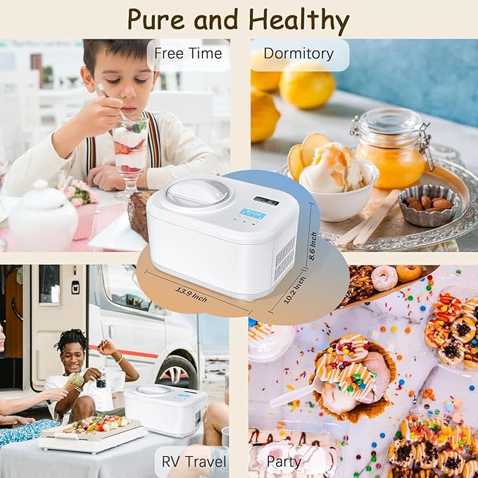 KUMIO Ice Cream Maker with Compressor, No Pre-Freezing, 4 Modes Ice Cream Maker Machine with LCD Display, Timer (1.25 Quart)