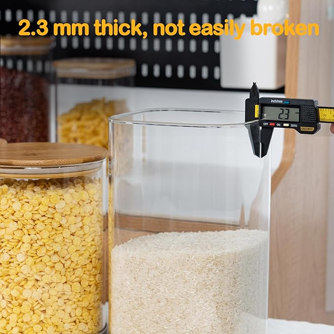 156oz 52oz Airtight Glass Square Storage Canister with Bamboo Lid Set of 2(4600ml*1 1550ml*1) Large Gallon Glass Jars for Sugar, Flour, Cookies and Coffee beans (with Black Lable)