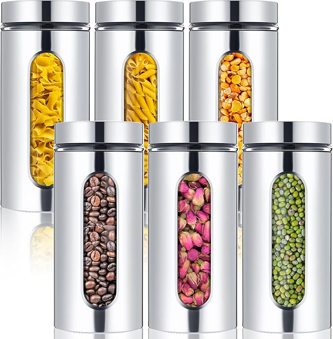 6 Pack Kitchen Canisters Set Airtight Coffee Sugar Tea Candy Storage Jars with Window Glass Stainless Steel Containers with Lids for Flour Cookies Spices Grains Kitchen Decorations(44 oz)