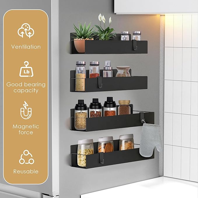 Cosy Family 4-Pack Strong Magnetic Metal Spice Rack Organizer for Refrigerator & Oven - Rustproof Black Fridge Shelves with Hooks for Kitchen Storage & Organization