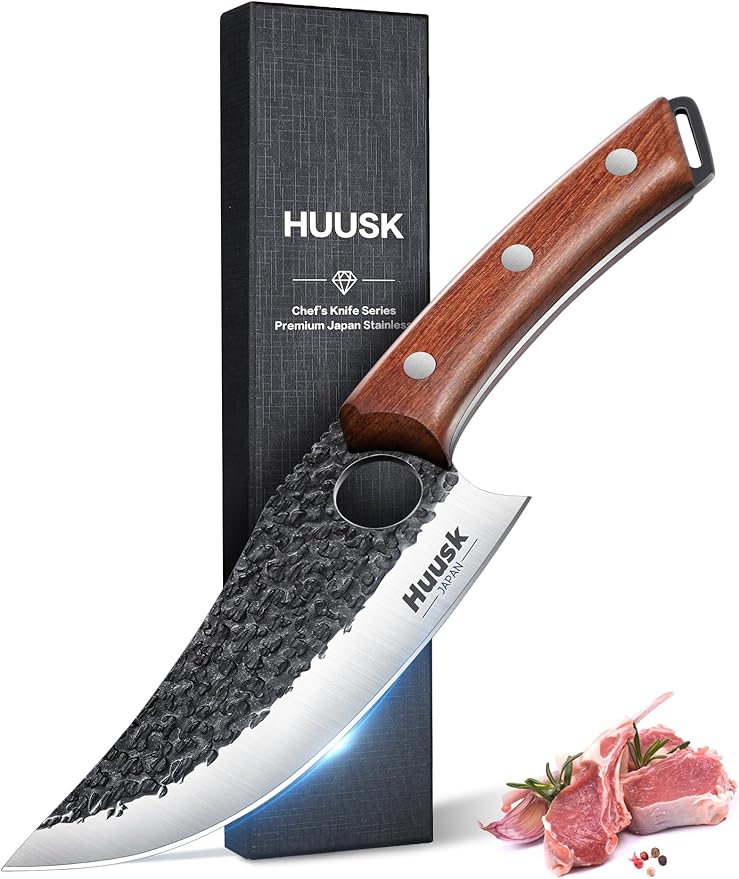 Huusk Viking Knife, Japanese Butcher Knife for Meat Cutting, Hand Forged Boning Knife with Ergonomic Wood Handle, High Carbon Steel Japanese Chef Knife for Camping, Outdoor, BBQ, Birthday Gift for Men