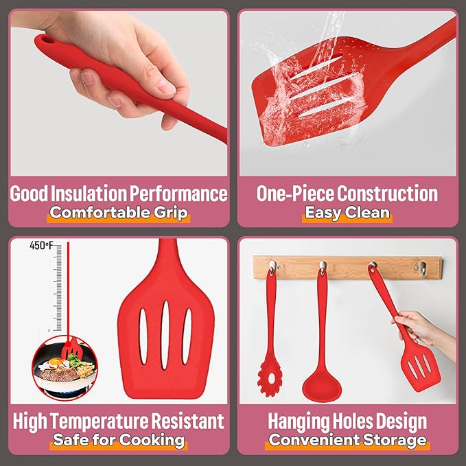 Silicone Cooking Utensils Set, E-far 7-Piece Red Heat Resistant Kitchen Utensils Set, Kitchen Nonstick Tools Spatula Ladle Spoon Pasta Server for Non-stick Cookware, Non-Toxic & Dishwasher safe