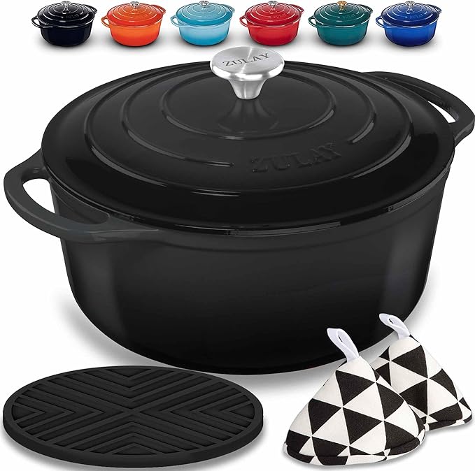 Zulay Kitchen 7.7 Quart Enameled Cast Iron Dutch Oven with Lid, Silicone Trivet & Heat Pad – Premium Durability & Oven Safe up to 500°F – Heavy Duty Cookware Perfect for Bread Baking, Stews, Braising & Roasting – Black