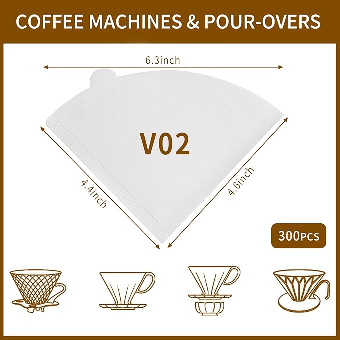 V60 Coffee Filters, 300 Count Size 02 Pour Over Coffee Filter, 1-4 Cups Disposable Cone Paper Coffee Filters 2, Compatible with Conical Shaped Dripper and Drip Coffee Maker (White)