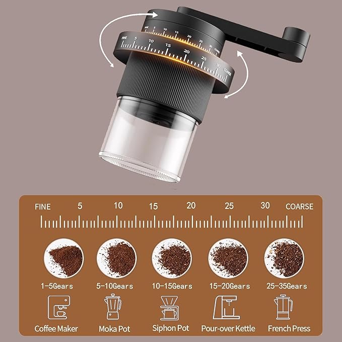 Portable Manual Coffee Grinder with 35 Adjustable Settings,Hand Coffee Bean Mill with 30g Capacity & Crank for Espresso, Pour Over, French Press, Travel (Black)