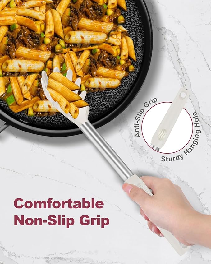 Silicone Spaghetti Spoon and Pasta Tong, Heat-Resistant Noodle Spoon Server, 13“ BPA-Free Spaghetti Strainer, Fork with Teeth and Stainless Steel Handle, Food-Grade Clip for Pasta, Beige