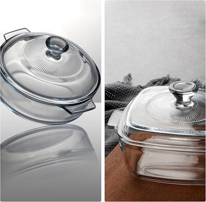 NUTRIUPS Mini Glass Casserole Dish Set with Lid Oven Safe Casserole Dish Set 2 Pack (5.9in Square+6in Round), 25oz Glass Microwave Bowl With Lid Microwavable Cookware