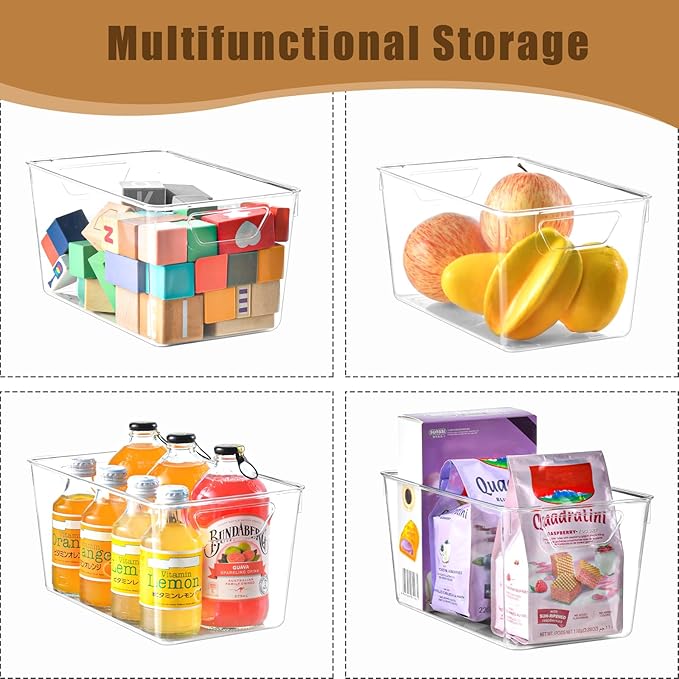 12 Pack Middle Organizers and Storage, Pantry Organization and Storage Bins, Cabinet Organizer, Clear Plastic Storage Containers with Handle,Acrylic Storage Bins for Cabinet, Fridge