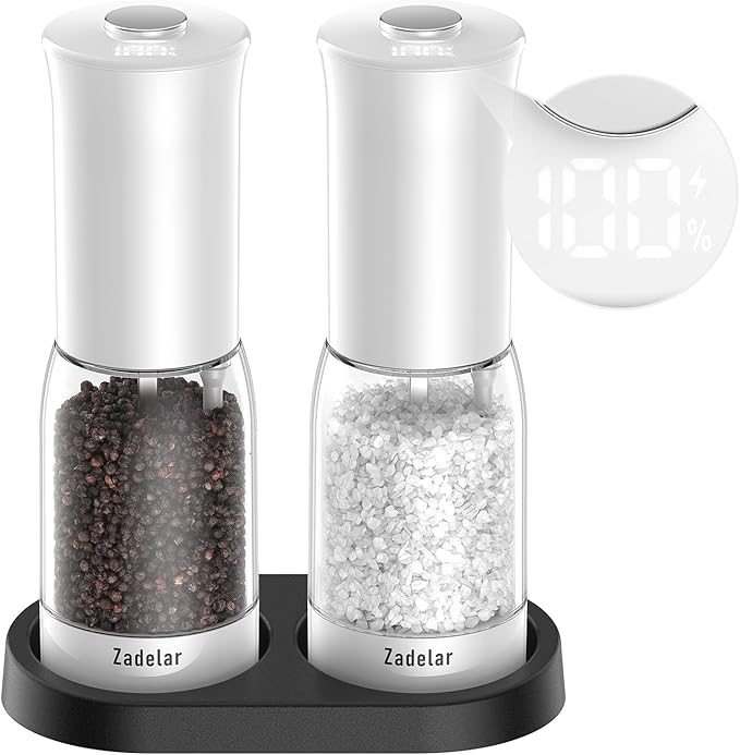 Electric Salt and Pepper Grinder Set with LED Power Display,Larger Capacity Salt and Pepper Shakers Set Rechargeable Electric with Flexible Coarsenes,LED Light,One Hand Operation for Kitchen(White)