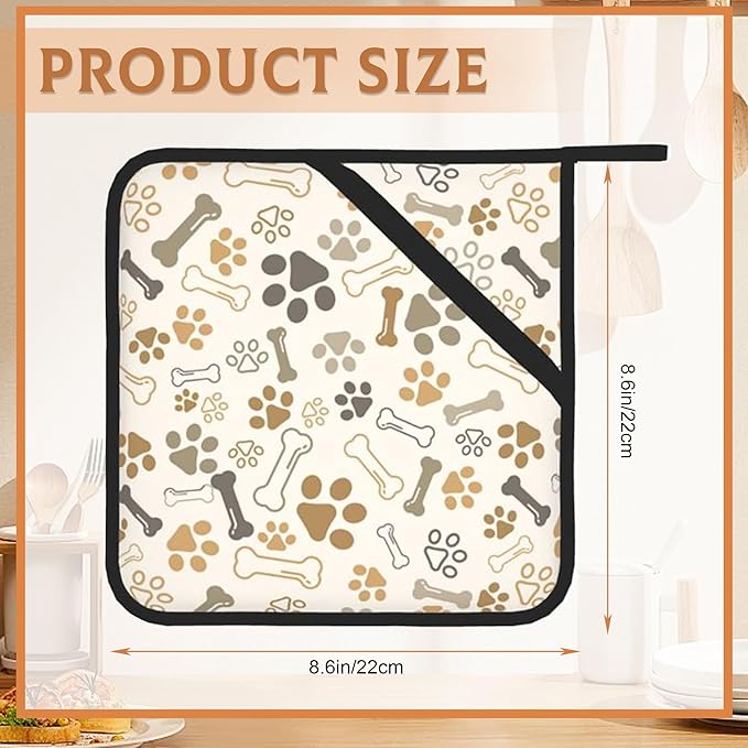 Dog Cat Paw Print Bones Pot Holder Set of 2,Kitchen Heat Resistant Potholder for Women Men BBQ Cooking Baking