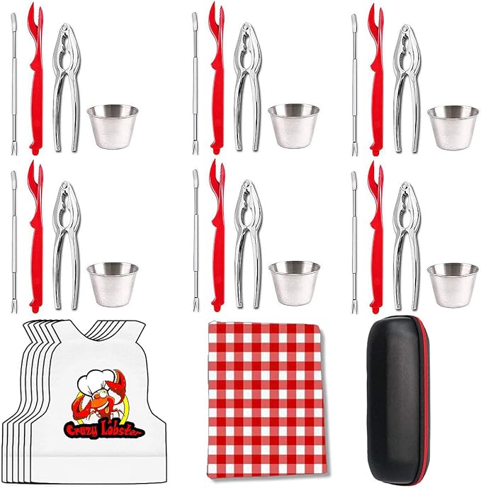 Artcome 32 Pcs Seafood Tools Set Nut Cracker Set includes 6 Crab Crackers, 6 Crab Forks/Picks, 6 Lobster Shellers, 6 Sauce Cups, 6 Lobster Bibs 1 Portable Storage Bag and 1 Plastic Tablecloth