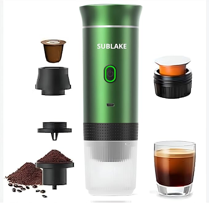 Portable Espresso Maker – Self-Heating USB-C Rechargeable Travel Coffee Maker for Car, Camping, Office, portable coffee maker - portable coffee machine With Ground Coffee & NS Capsule (Green)