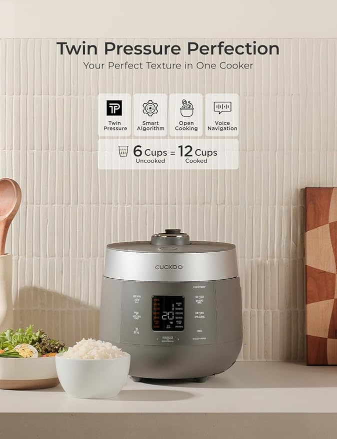 CUCKOO CRP-ST0609FG 6-Cup (Uncooked) / 12-Cup (Cooked) Twin Pressure Rice Cooker & Warmer with Nonstick Inner Pot, 16 Menu Options, 3 Voice Guide, Auto Clean (Gray)