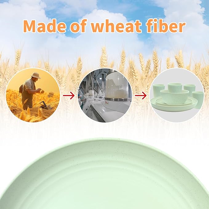 Wheat Straw Dishes Set for 4, Dinnerware Sets 16 piece, Unbreakable Plates, Bowls, Cups Sets for Kitchen Parties Camping RV - Green