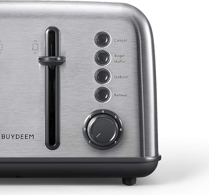 BUYDEEM DT640 4-Slice Toaster, Extra Wide Slots, Retro Stainless Steel with High Lift Lever, Bagel and Muffin Function, Removal Crumb Tray, 7-Shade Settings,Stainless Steel