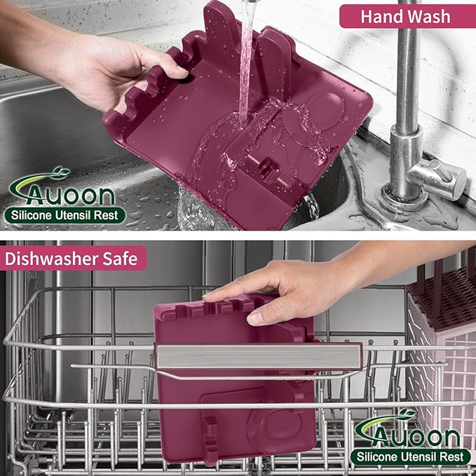 AUOON Spoon Holder for Stove - Silicone Spoon and Lid Rest with Drip Pad Kitchen Utensil Rest for Spoons, Ladles, Spatulas, Tongs & More (Cherry, Large)