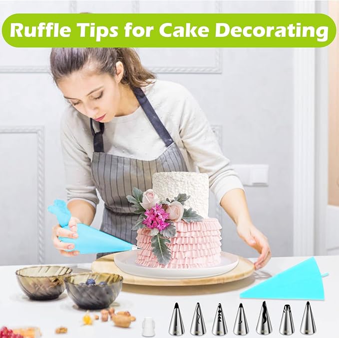 Suuker 9 Pieces Ruffle Piping Tips Set, Stainless Steel Vintage Cake Piping Tips Pleated Skirt Piping Nozzles Set, Cake Decorating Tips for Cake Cupcakes Cookies